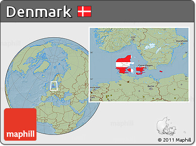Flag Location Map of Denmark, savanna style outside, hill shading outside