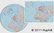 Gray Location Map of Denmark, within the entire continent, hill shading