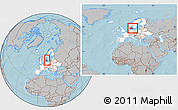 Gray Location Map of Denmark, highlighted continent, within the entire continent, hill shading