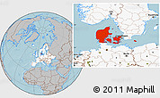 Gray Location Map of Denmark, highlighted continent, hill shading