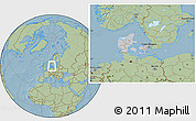 Gray Location Map of Denmark, savanna style outside, hill shading outside