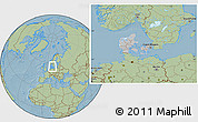 Gray Location Map of Denmark, savanna style outside, hill shading