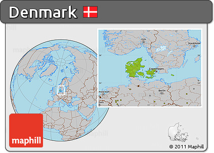 Physical Location Map of Denmark, gray outside