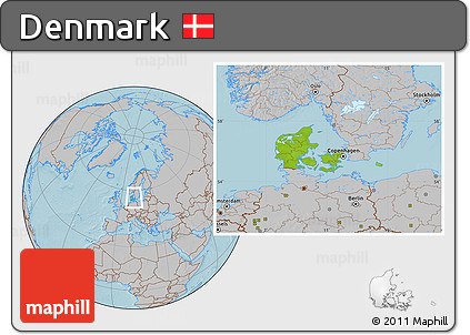 Physical Location Map of Denmark, gray outside, hill shading