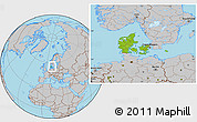 Physical Location Map of Denmark, gray outside