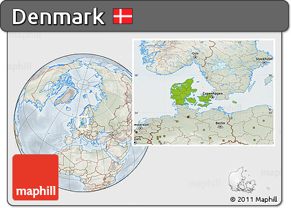 Physical Location Map of Denmark, lighten, semi-desaturated