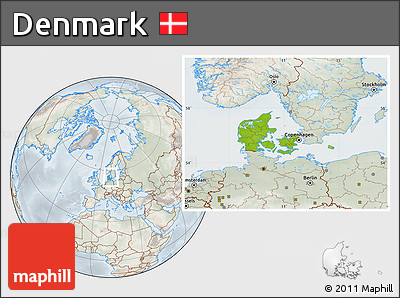Physical Location Map of Denmark, lighten, semi-desaturated