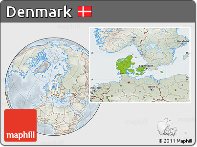 Physical Location Map of Denmark, lighten, semi-desaturated