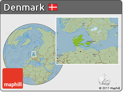 Physical Location Map of Denmark, savanna style outside, hill shading