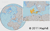 Political Location Map of Denmark, gray outside, hill shading