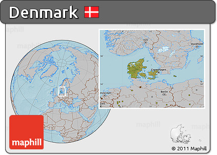 Satellite Location Map of Denmark, gray outside, hill shading