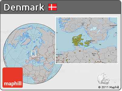 Satellite Location Map of Denmark, gray outside, hill shading