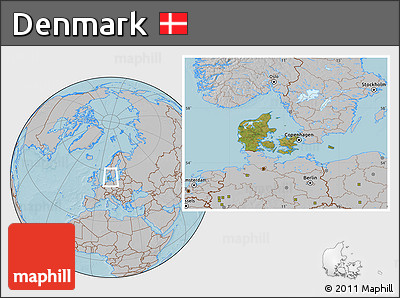 Satellite Location Map of Denmark, gray outside, hill shading