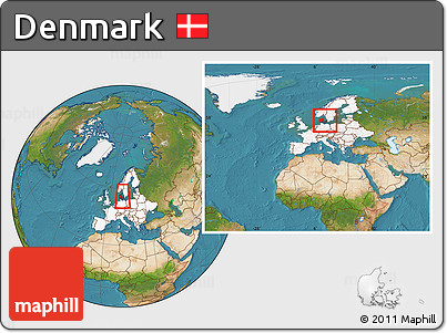 Satellite Location Map of Denmark, highlighted continent, within the entire continent