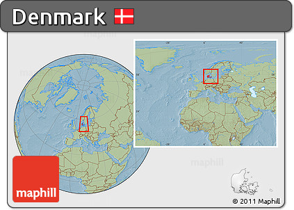 Savanna Style Location Map of Denmark, within the entire continent, hill shading