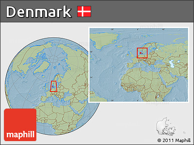 Savanna Style Location Map of Denmark, within the entire continent, hill shading