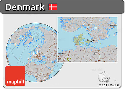 Savanna Style Location Map of Denmark, gray outside, hill shading inside