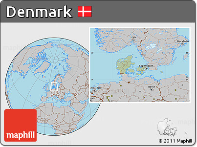 Savanna Style Location Map of Denmark, gray outside, hill shading inside