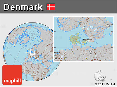 Savanna Style Location Map of Denmark, gray outside, hill shading inside