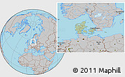 Savanna Style Location Map of Denmark, gray outside, hill shading inside