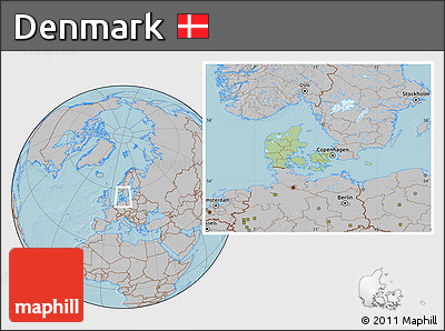 Savanna Style Location Map of Denmark, gray outside, hill shading outside