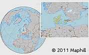 Savanna Style Location Map of Denmark, gray outside, hill shading