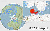 Savanna Style Location Map of Denmark, highlighted continent, hill shading