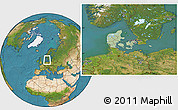 Savanna Style Location Map of Denmark, satellite outside, hill shading
