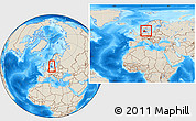 Shaded Relief Location Map of Denmark, within the entire continent