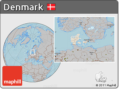 Shaded Relief Location Map of Denmark, gray outside, hill shading