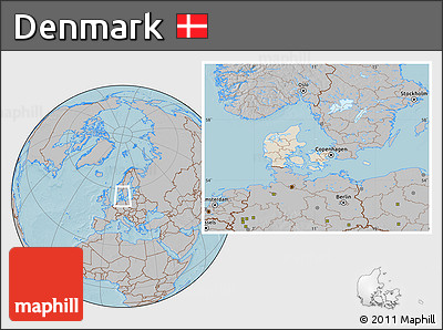 Shaded Relief Location Map of Denmark, gray outside, hill shading