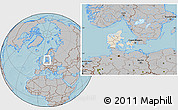 Shaded Relief Location Map of Denmark, gray outside, hill shading