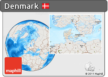 Shaded Relief Location Map of Denmark, lighten, land only
