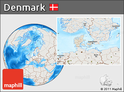Shaded Relief Location Map of Denmark, lighten, land only