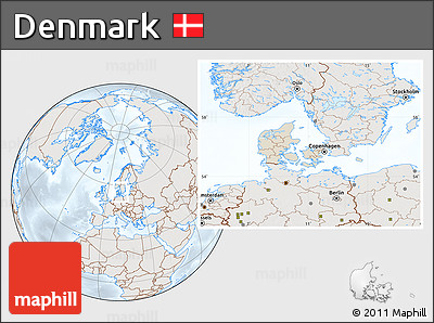 Shaded Relief Location Map of Denmark, lighten, semi-desaturated