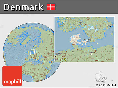 Shaded Relief Location Map of Denmark, savanna style outside, hill shading