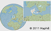 Shaded Relief Location Map of Denmark, savanna style outside, hill shading