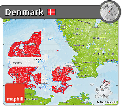 Flag Map of Denmark, physical outside, bathymetry sea