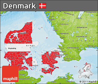 Flag Map of Denmark, physical outside, bathymetry sea