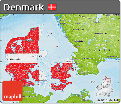 Flag Map of Denmark, physical outside, bathymetry sea