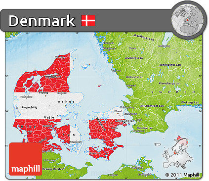 Flag Map of Denmark, physical outside, flag centered