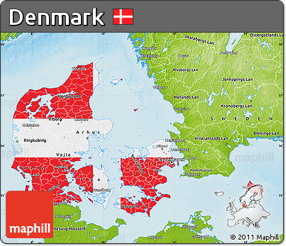 Flag Map of Denmark, physical outside, flag centered