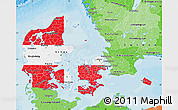 Flag Map of Denmark, political shades outside, flag centered