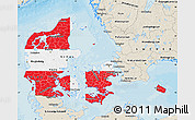 Flag Map of Denmark, shaded relief outside, bathymetry sea, flag centered