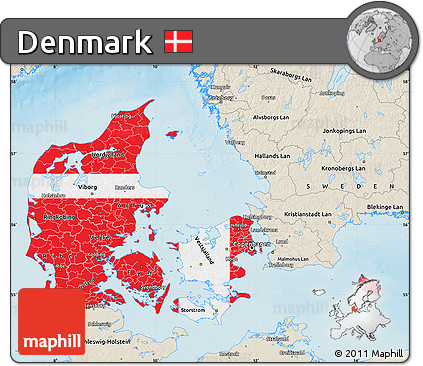 Flag Map of Denmark, shaded relief outside, flag rotated