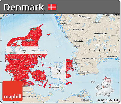 Flag Map of Denmark, shaded relief outside, flag rotated