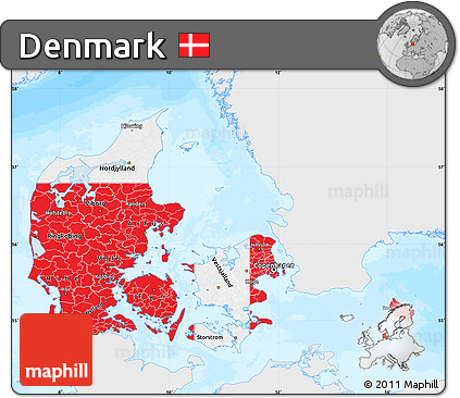 Flag Map of Denmark, single color outside, bathymetry sea, flag aligned to the middle