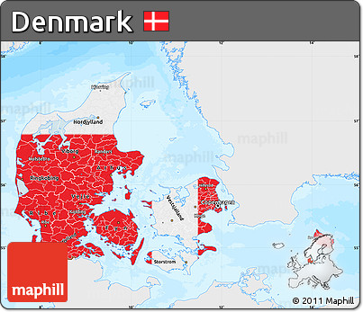 Flag Map of Denmark, single color outside, bathymetry sea, flag aligned to the middle