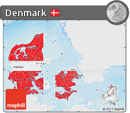 Flag Map of Denmark, single color outside, bathymetry sea, shaded relief sea