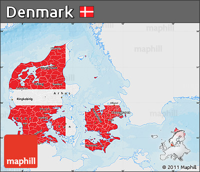 Flag Map of Denmark, single color outside, bathymetry sea, shaded relief sea